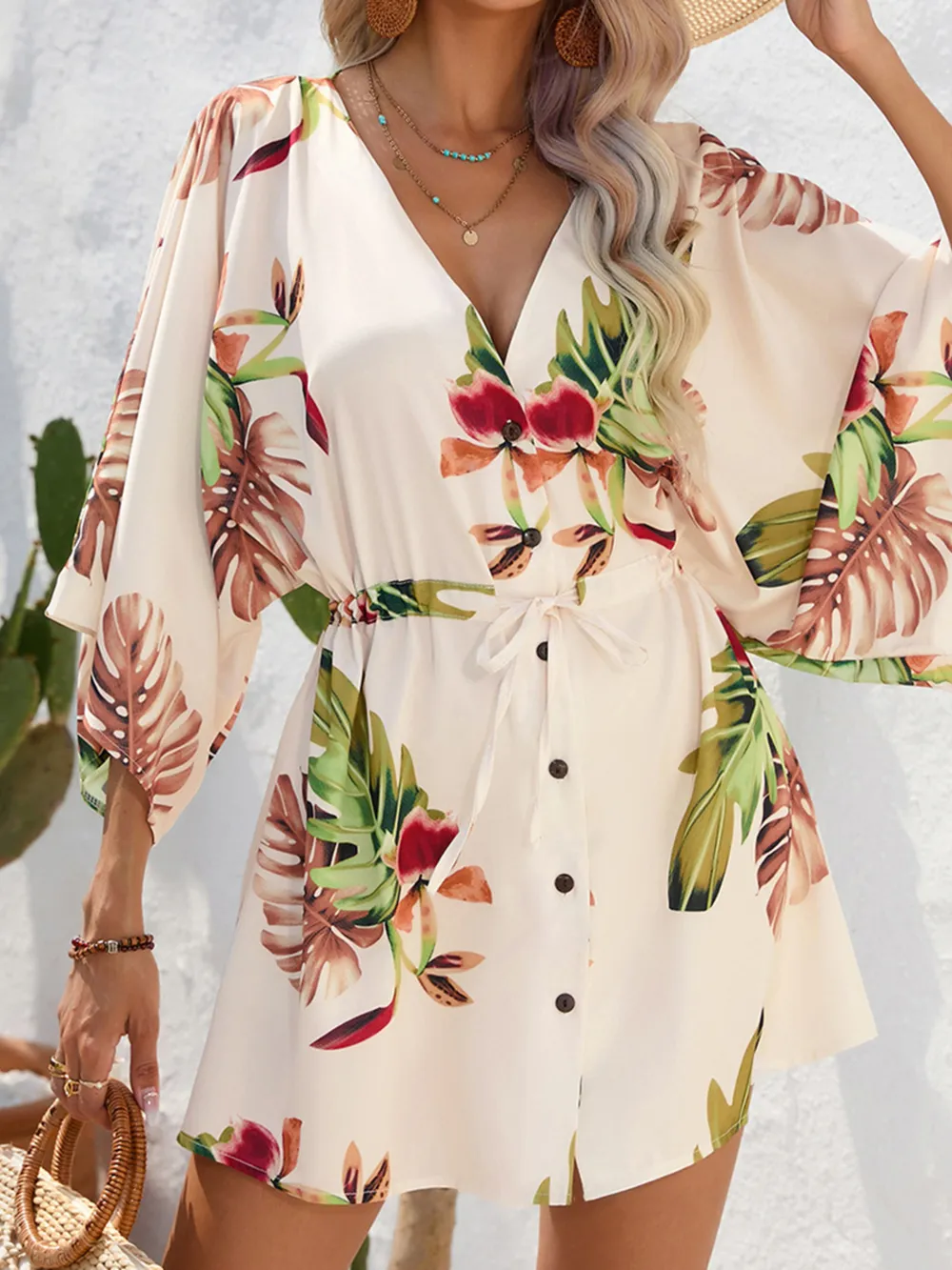 Color Block Drawstring Waist Button Up Dress, image 9