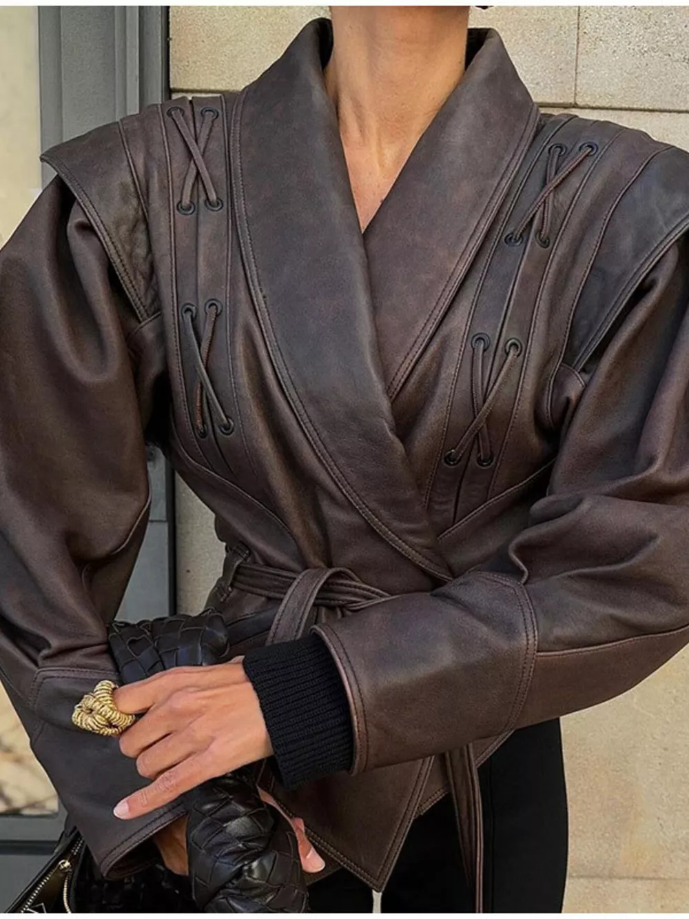 Belted Leather Jacket with Shawl Collar, image 8