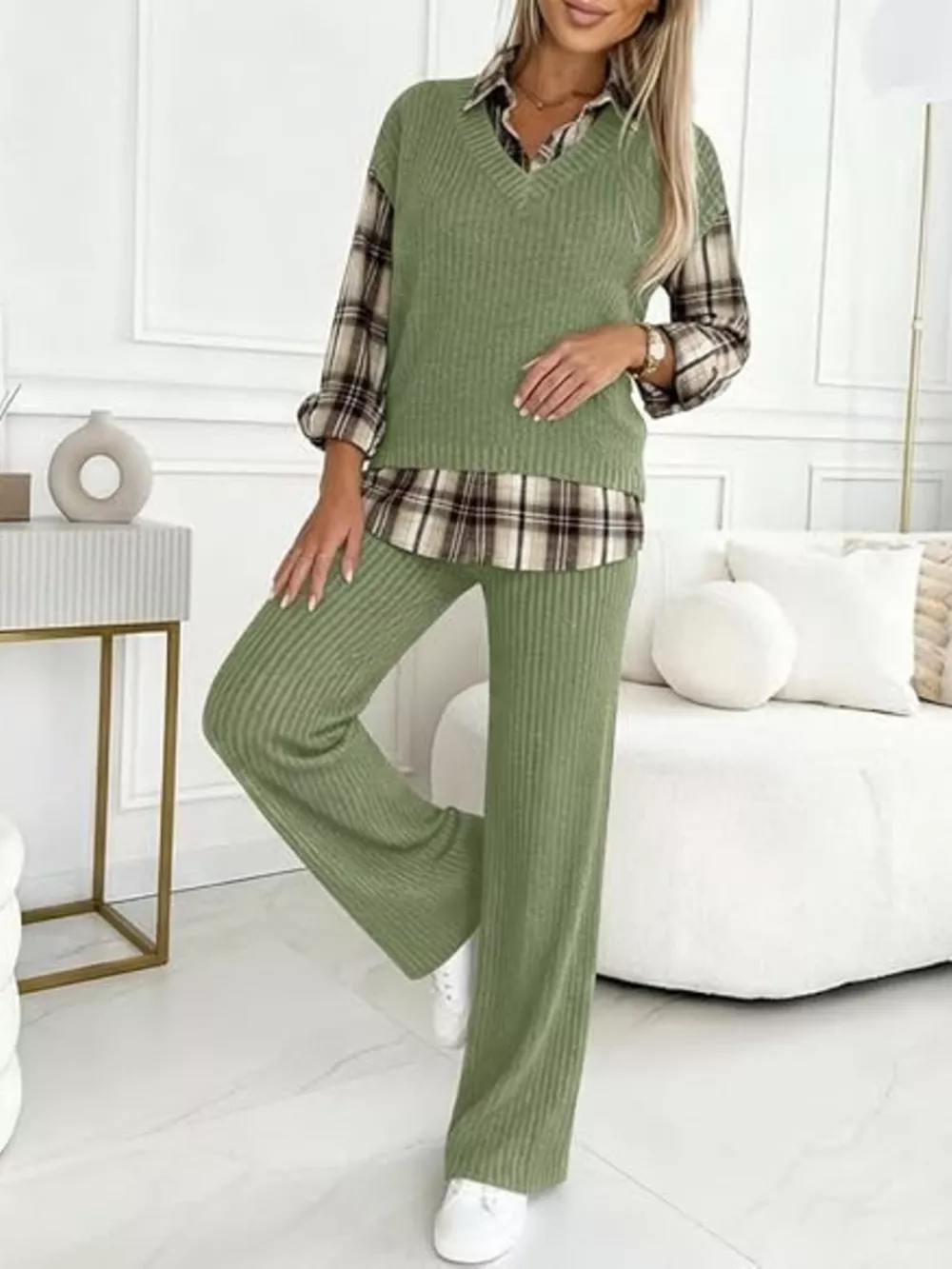 Ribbed Knit Plaid Sleeve Top & Pants Set, image 14