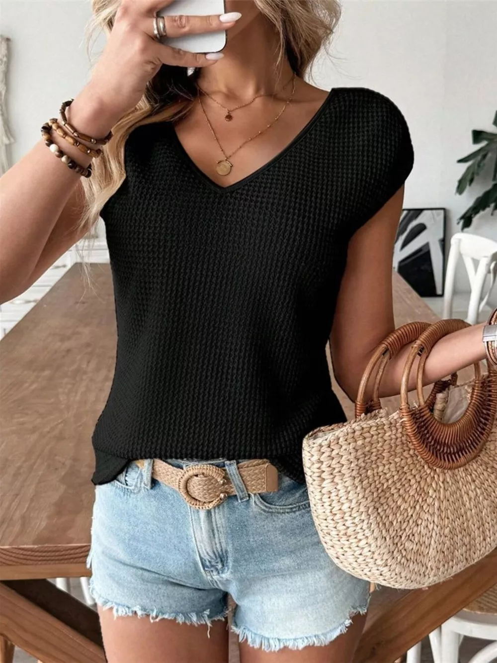 Waffle Knit V-Neck Cap Sleeve Top, image 9
