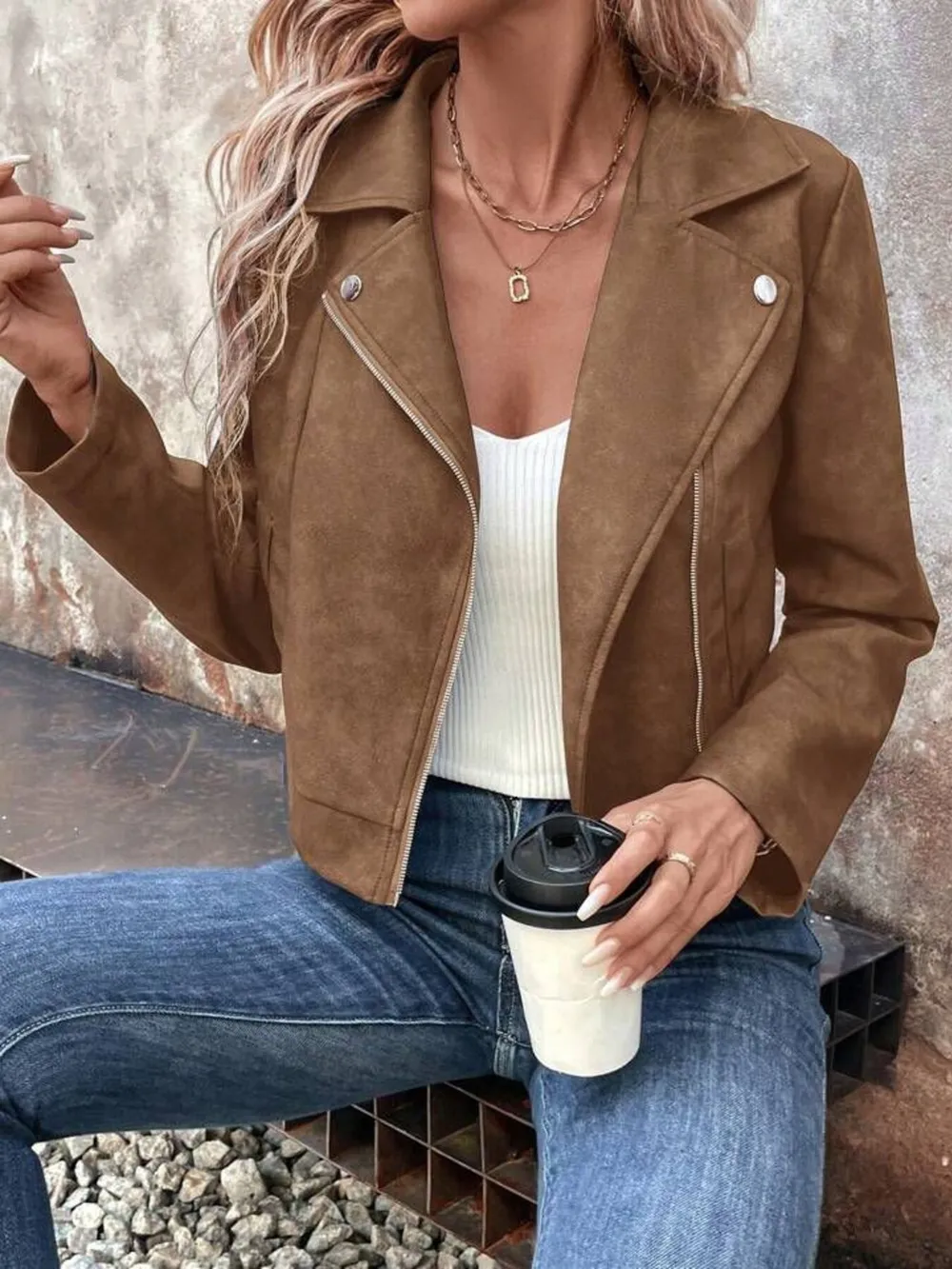 Zip Up Suede Cropped Moto Jacket, image 7
