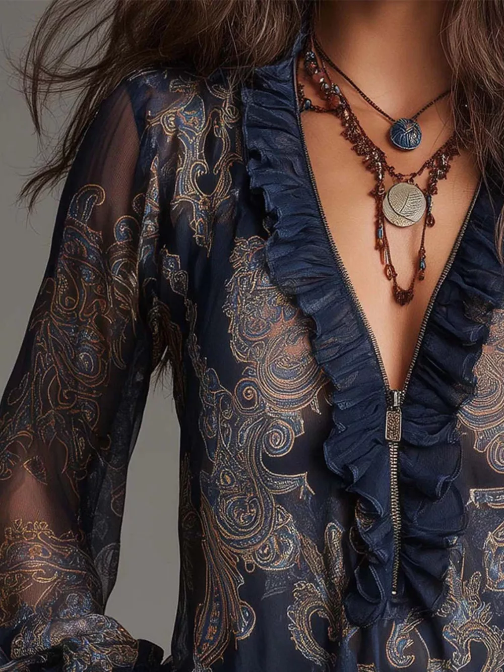 Full Size Paisley Print Ruffle Trim Zip-Front Blouse Plus Size, image 2