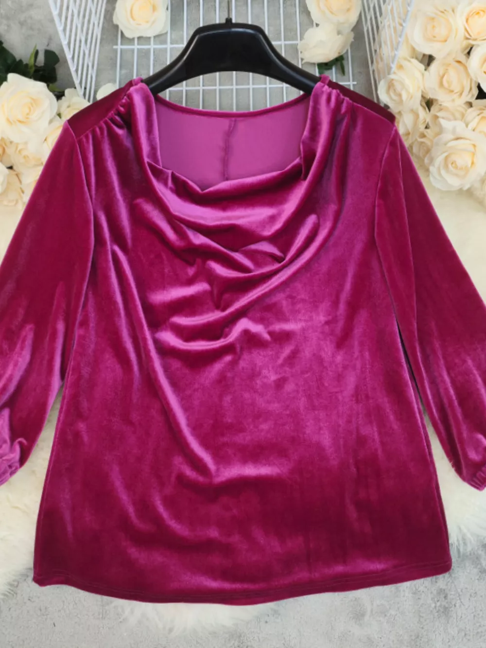 Cowl Neck Long Sleeve Velvet Blouse