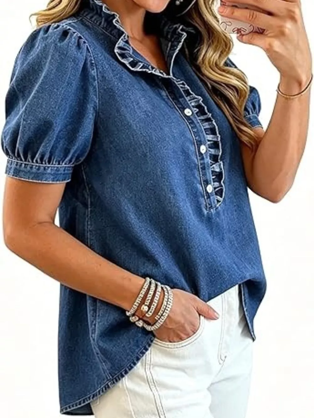 Frill Puff Sleeve Denim Top, image 12