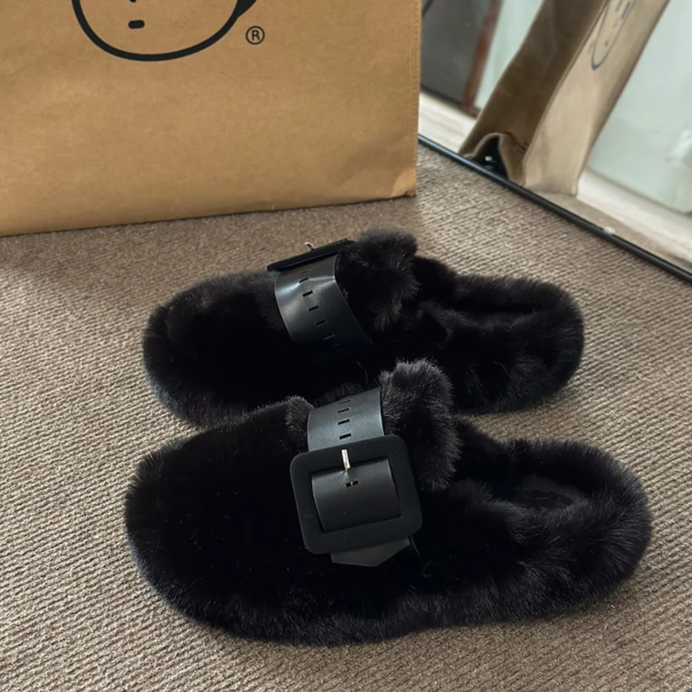 Faux Fur Buckle Slippers
