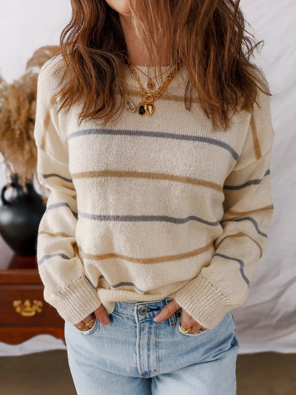 Stripe Striped Ribbed Edge Drop Shoulder Sweater, image 7