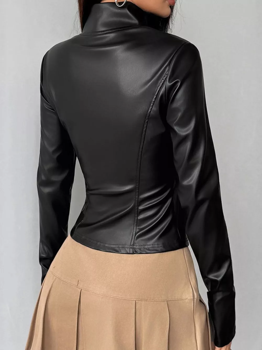 Zip Up Long Sleeve Leather Jacket, image 6
