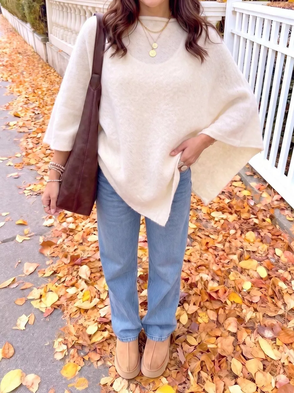 Brushed Loose Shawl Round-Neck Cape Sweater with Bat Sleeves, image 5