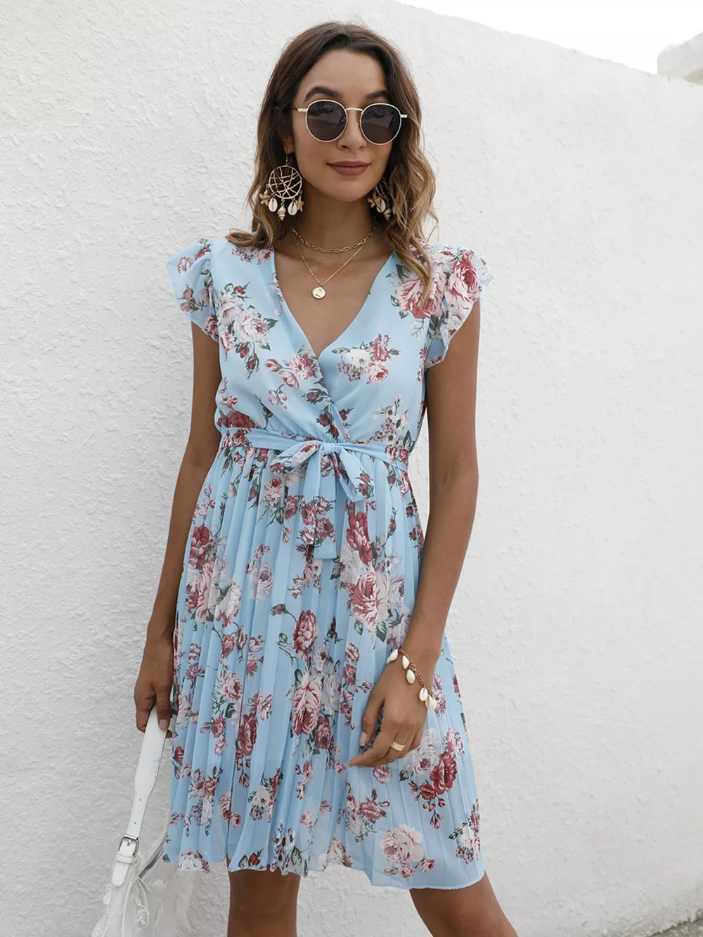 Pleated Floral Print Ruffle Sleeve Dress, image 11