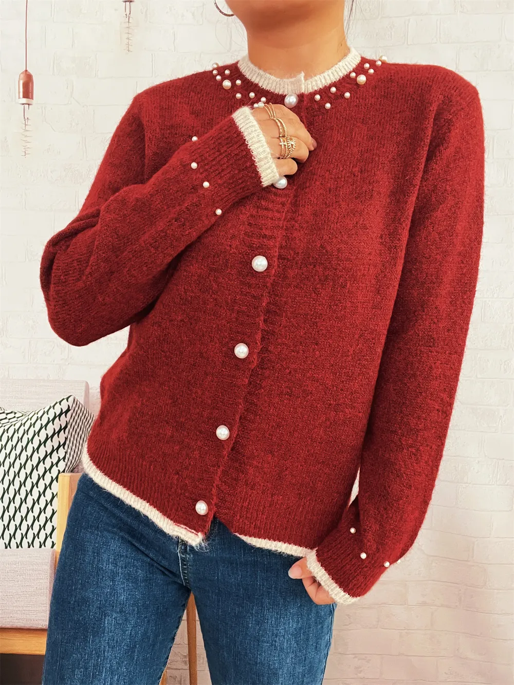 Pearl Embellished Button-Front Cardigan, image 2