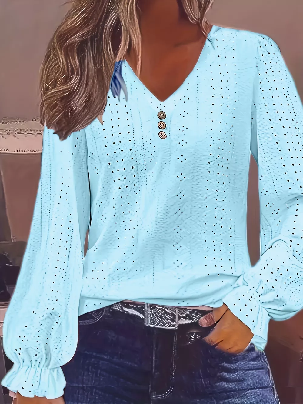 Plus Size Eyelet V-Neck Flounce Sleeve Blouse, image 13