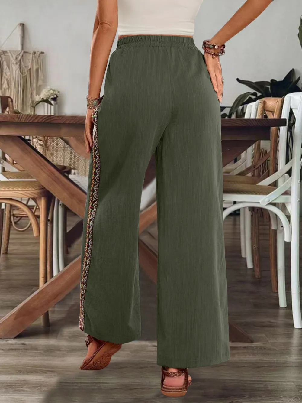 Bohemian Wide Leg Embroidered Side Stripe Pants, image 8
