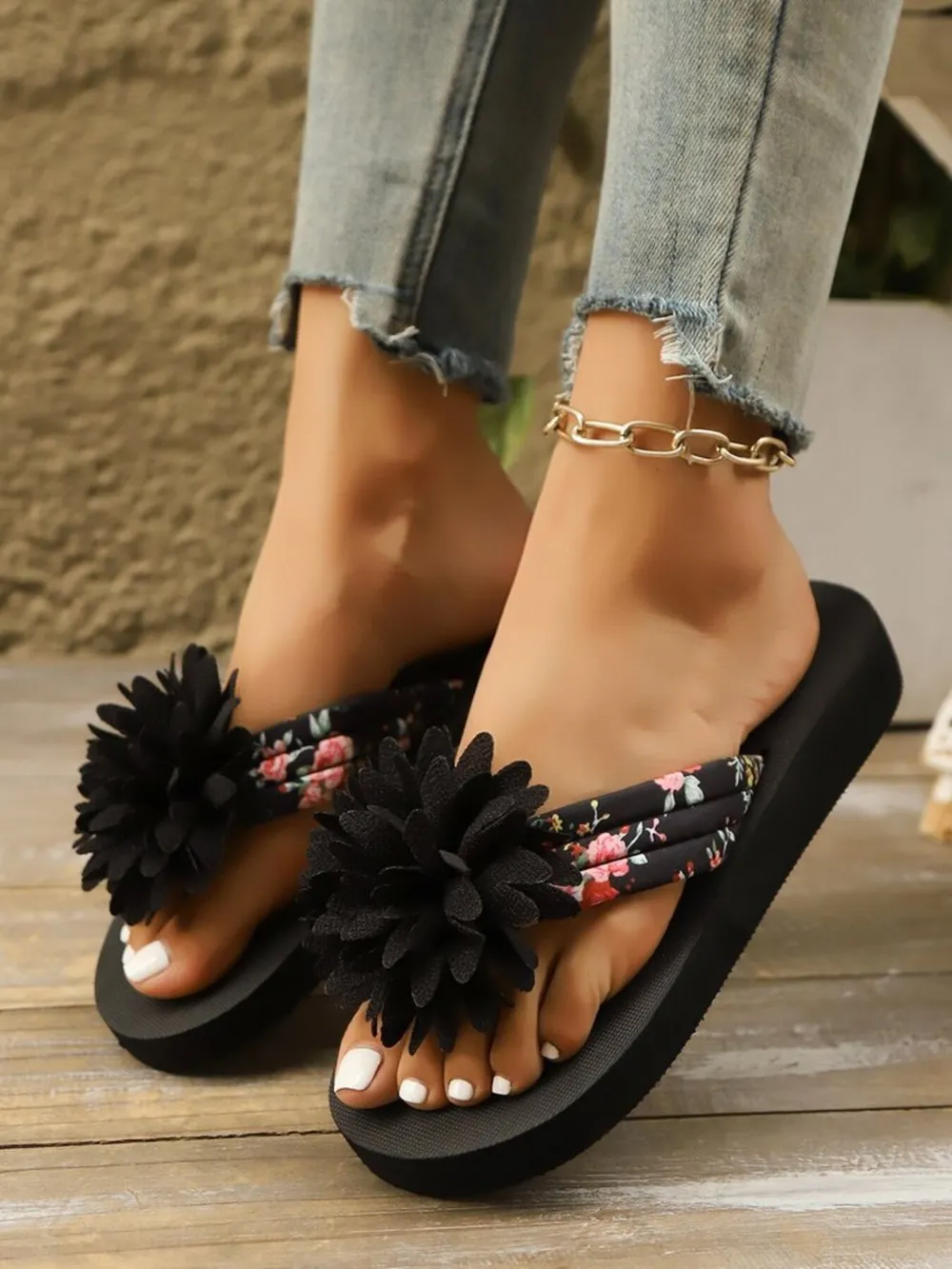 Floral Pattern Pom Pom Decorated Platform Sandals, image 8
