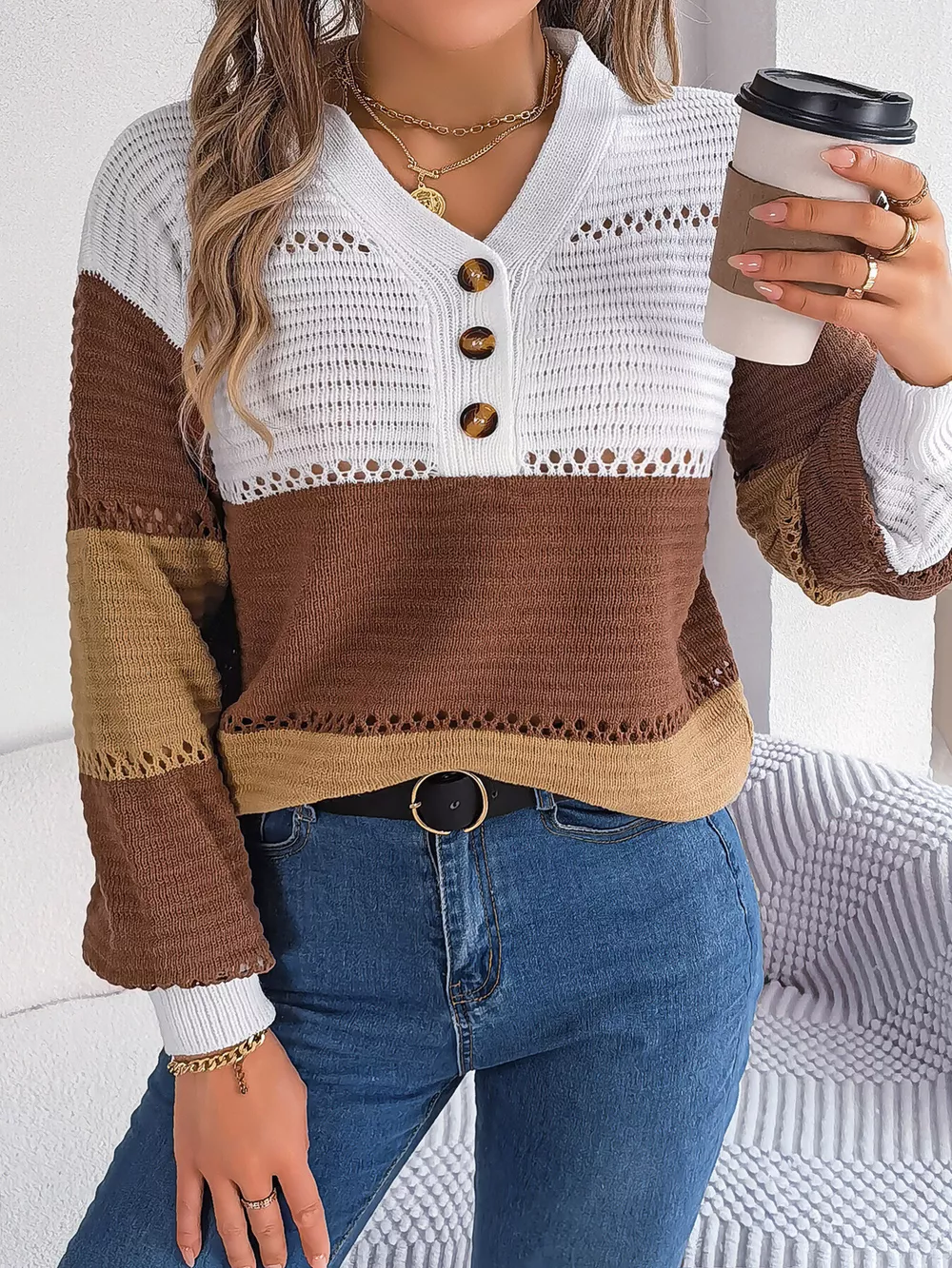 Color Block Striped V-Neck Button Detail Sweater, image 4