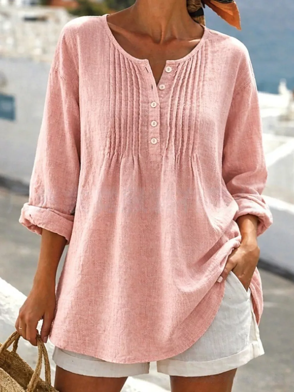 Casual Button Detail Long Sleeve Linen Shirt, image 7