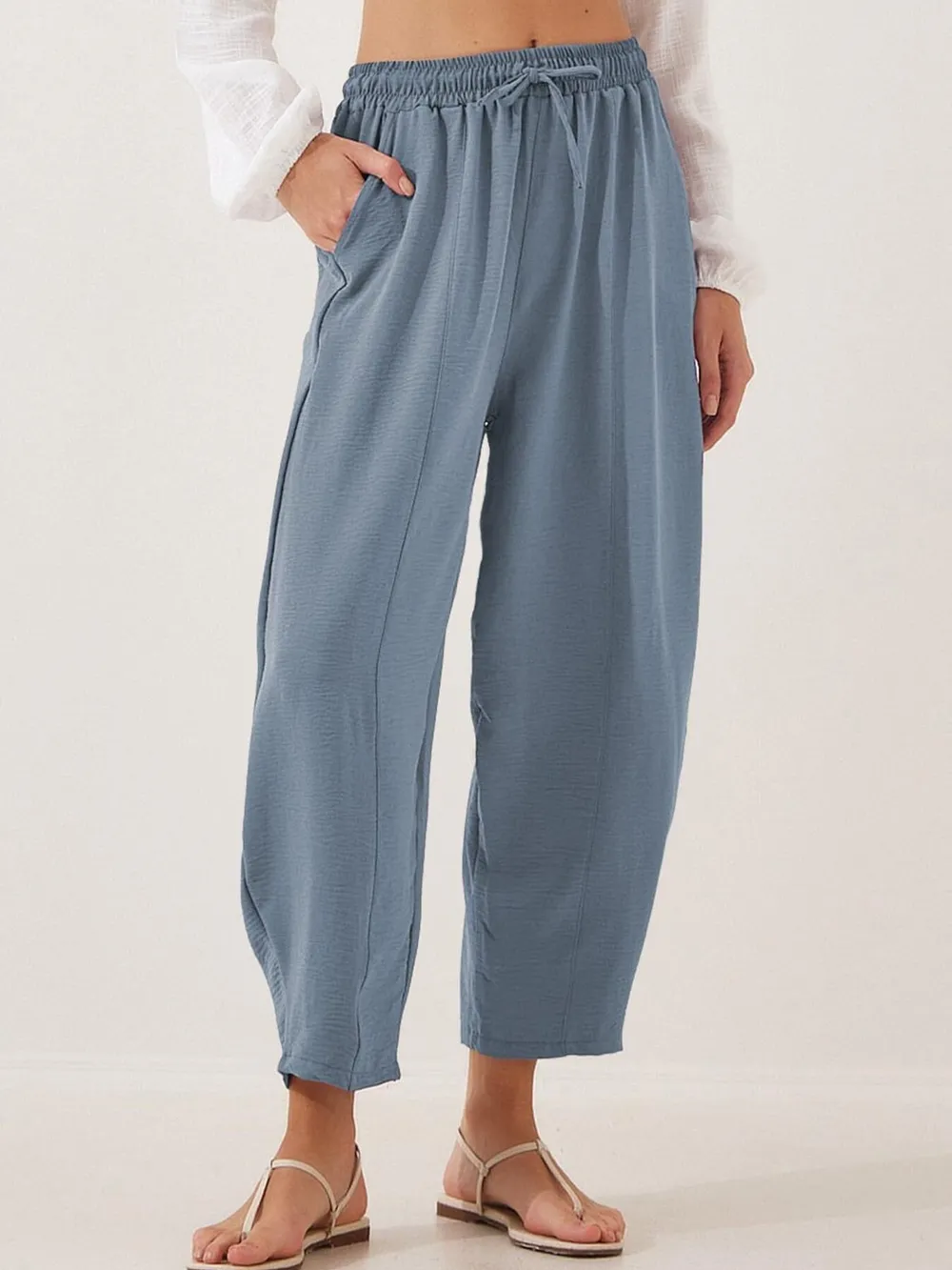 Full Size Drawstring Wide Leg Cropped Pants Plus Size, image 22