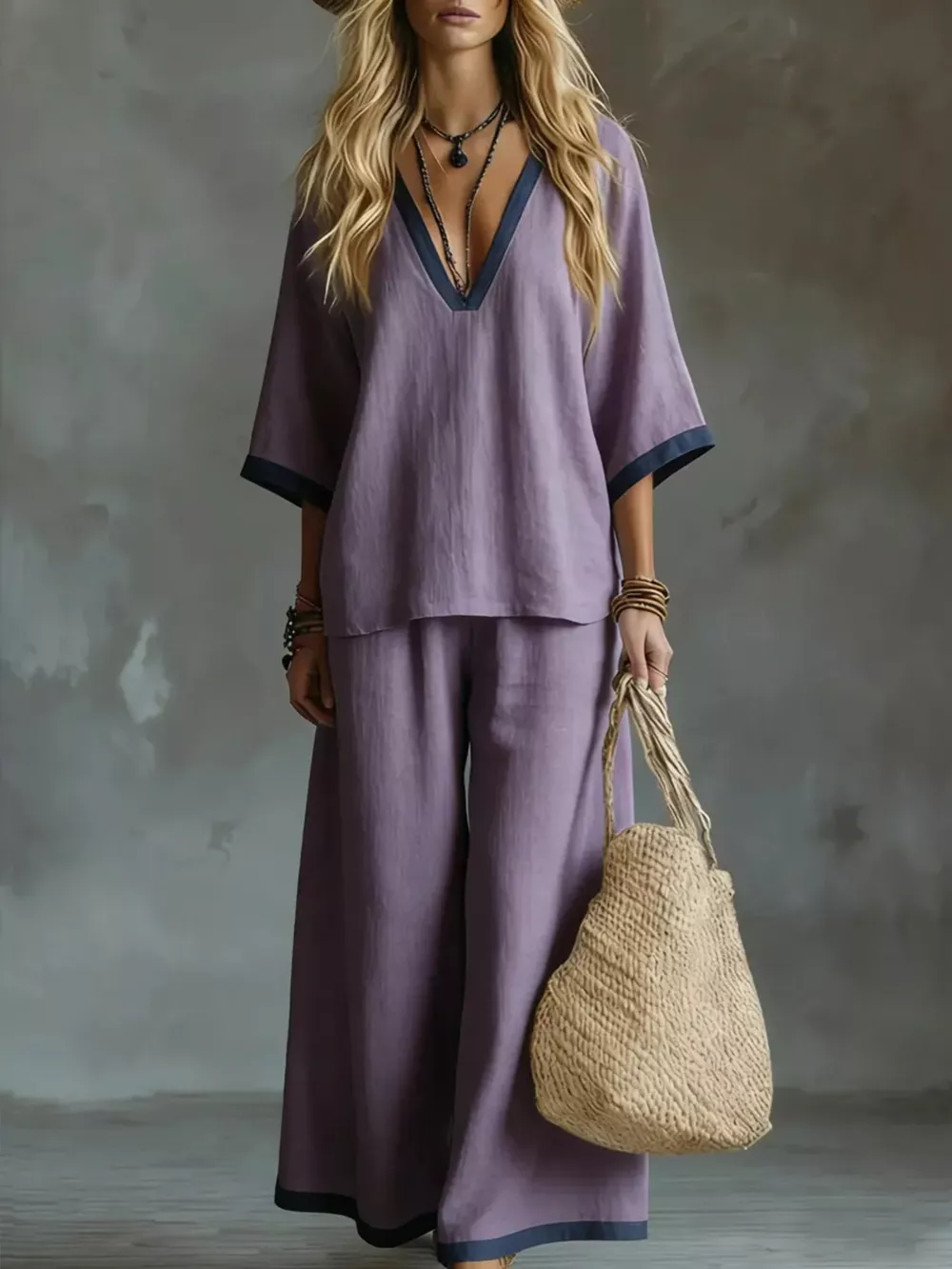 Contrast Trim V-Neck Top and Pants Set, image 7
