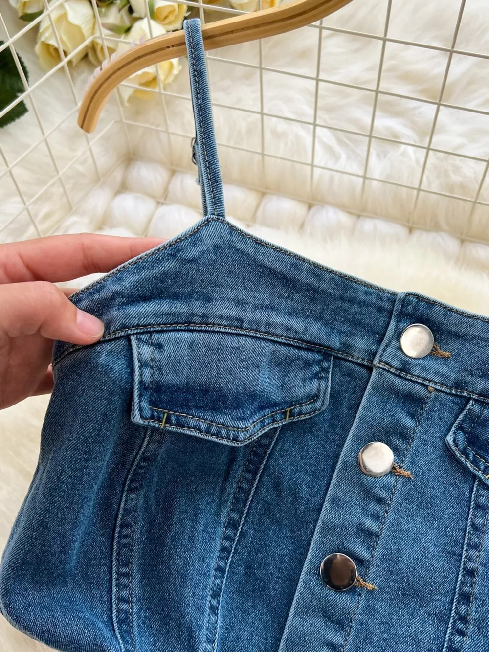 Sleeveless Frayed Hem Slit Denim Dress, image 9