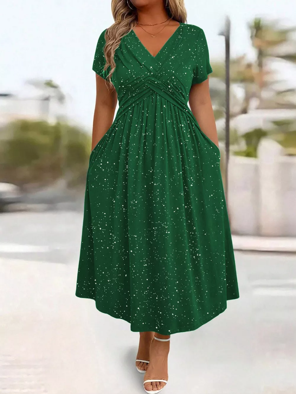 Full Size Glitter Flutter Sleeve Midi Dress Plus Size, image 12