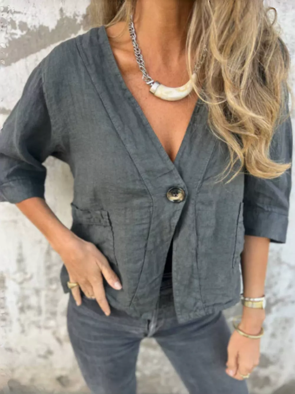 Full Size One Button V-Neck Shirt Plus Size, image 9