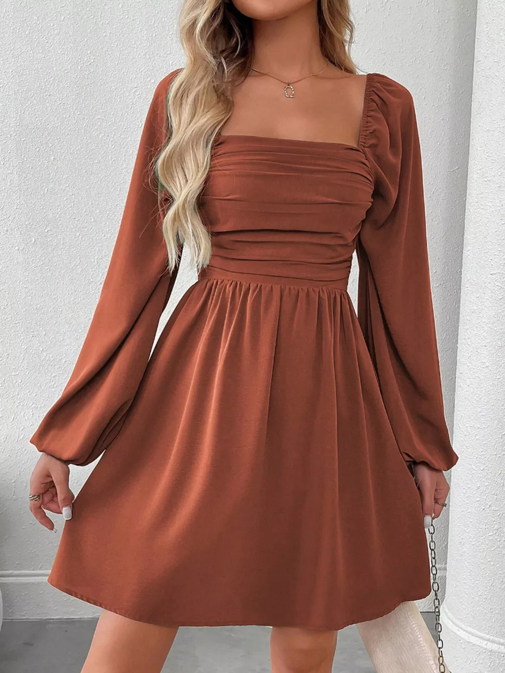 Ruched Square Neck Long Sleeve A-Line Dress, image 13