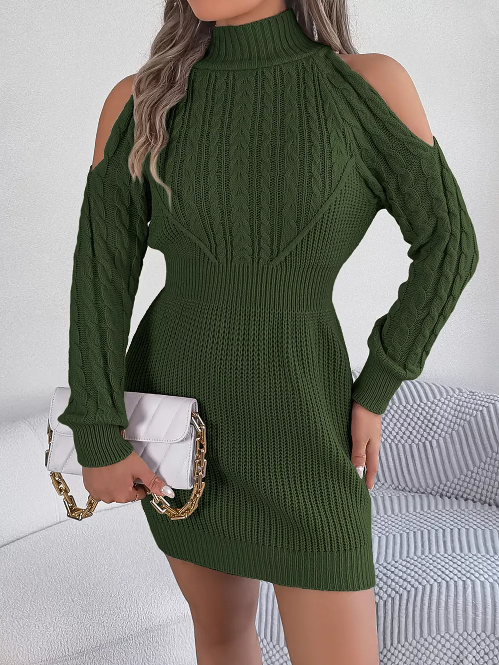 Cold Shoulder Cable Knit Turtleneck Sweater Dress, image 12