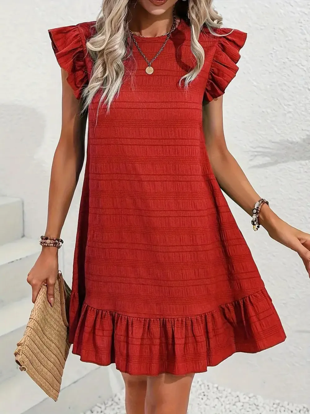 Full Size Ruffled Flutter Sleeve Textured Mini Dress Plus Size, image 14