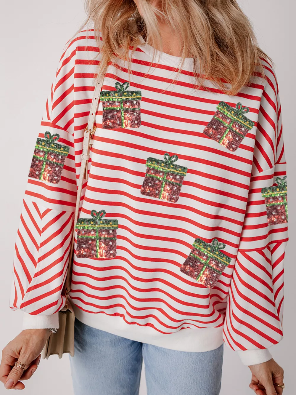 Stripe Sequin Christmas Gift Patched Drop Shoulder Sweatshirt, image 4