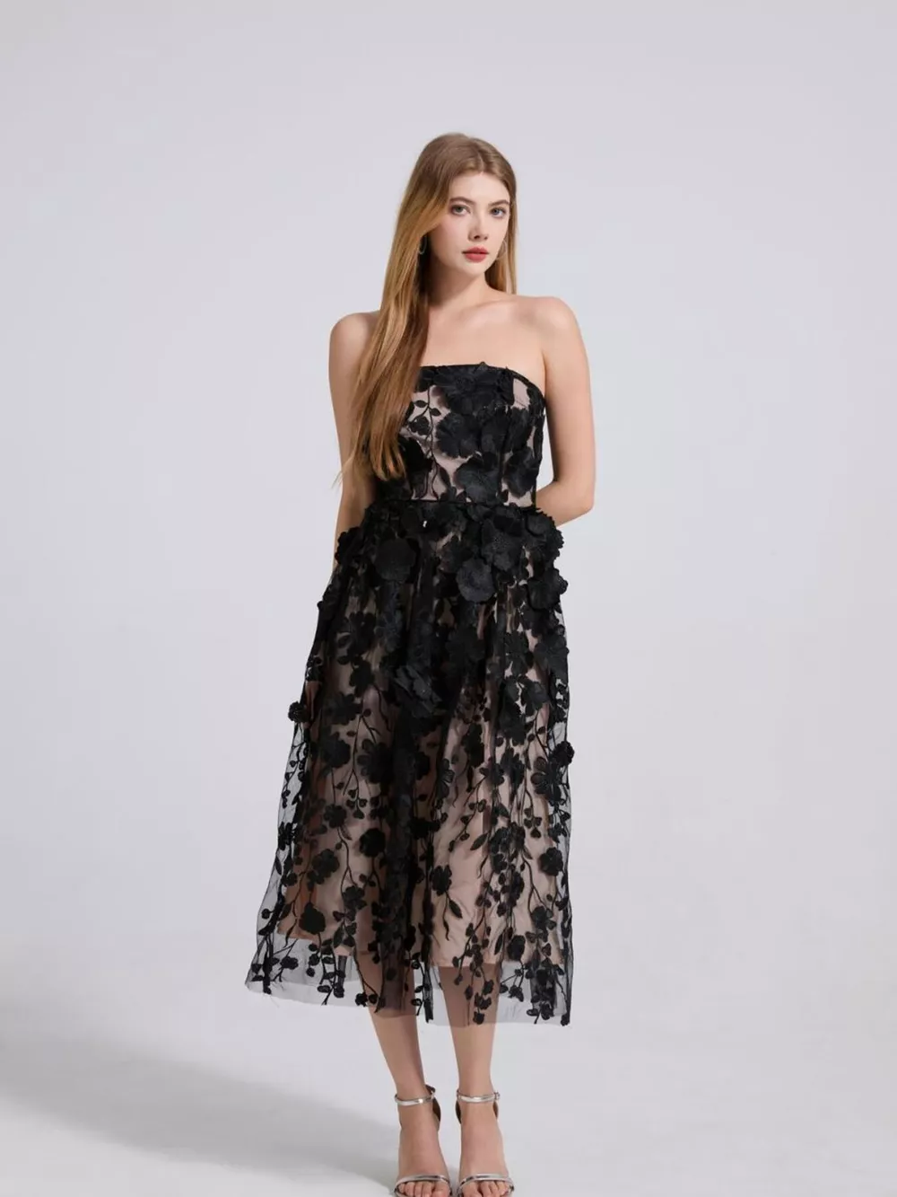 Floral Applique Strapless Midi Dress, image 3