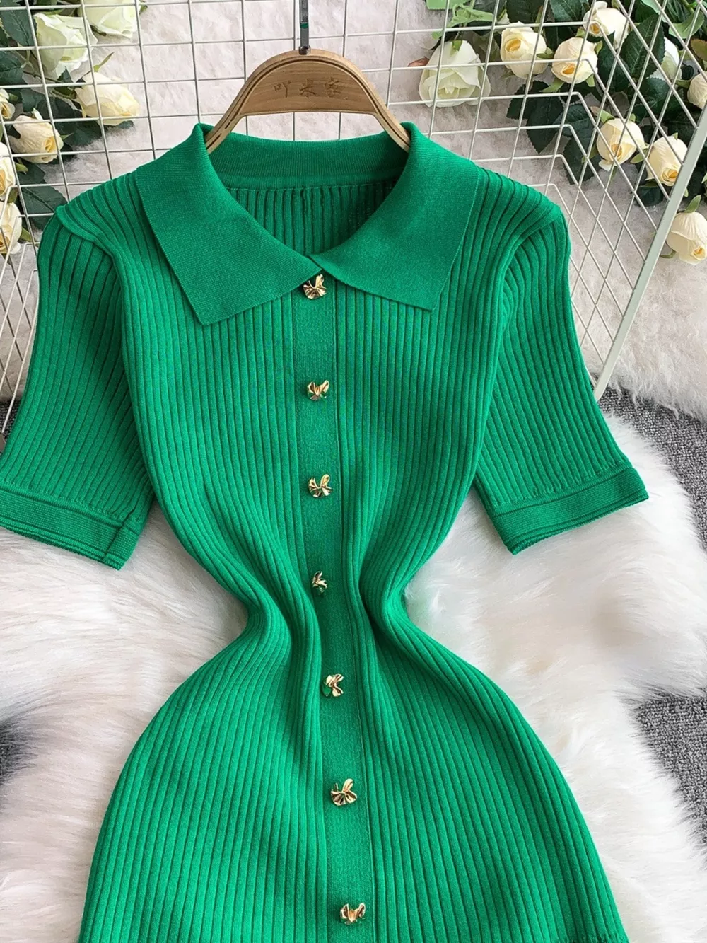 Button Front Ribbed Knit Midi Dress, image 8
