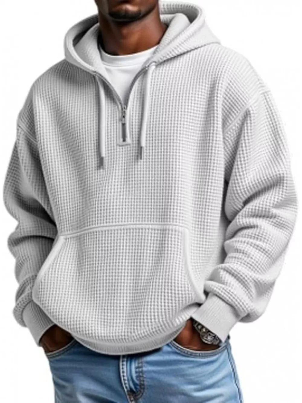 Men's Full Size Waffle Knit Quarter Zip Hoodie Plus Size, image 6