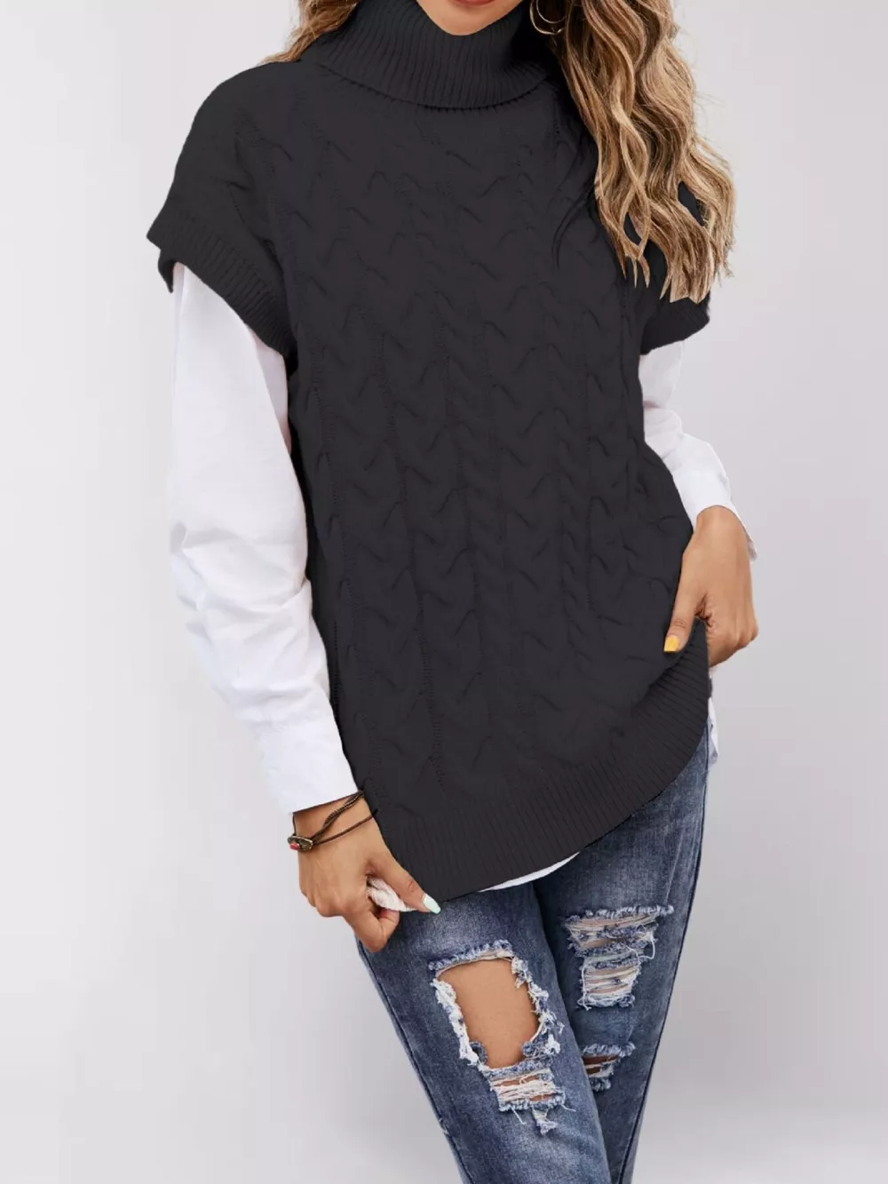 Chunky Knit Turtleneck Cap Sleeve Sweater, image 5
