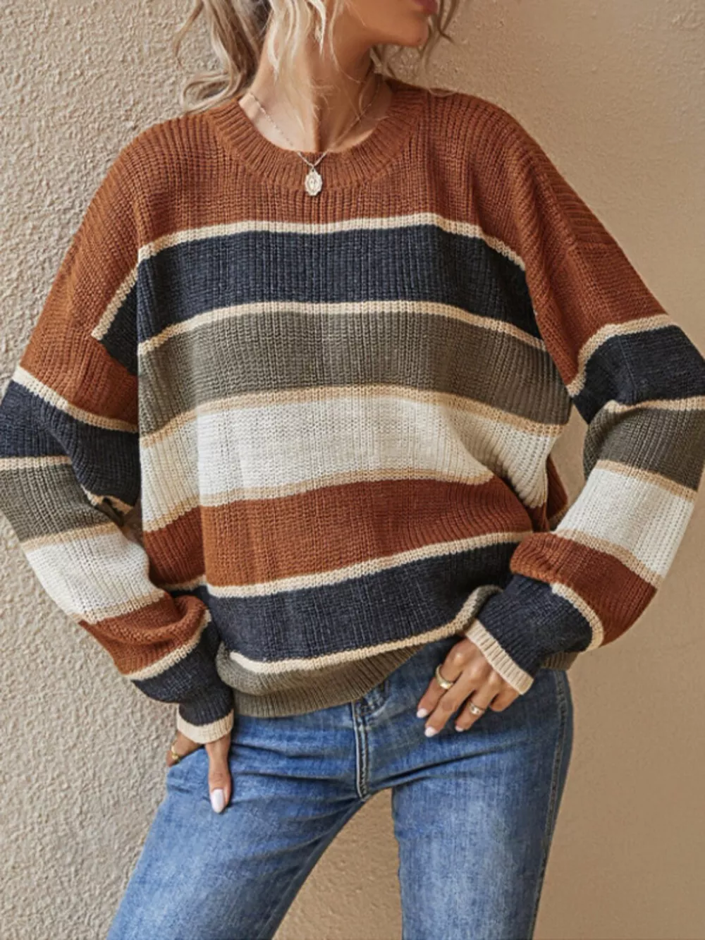 Color Block Striped Crew Neck Sweater, image 6