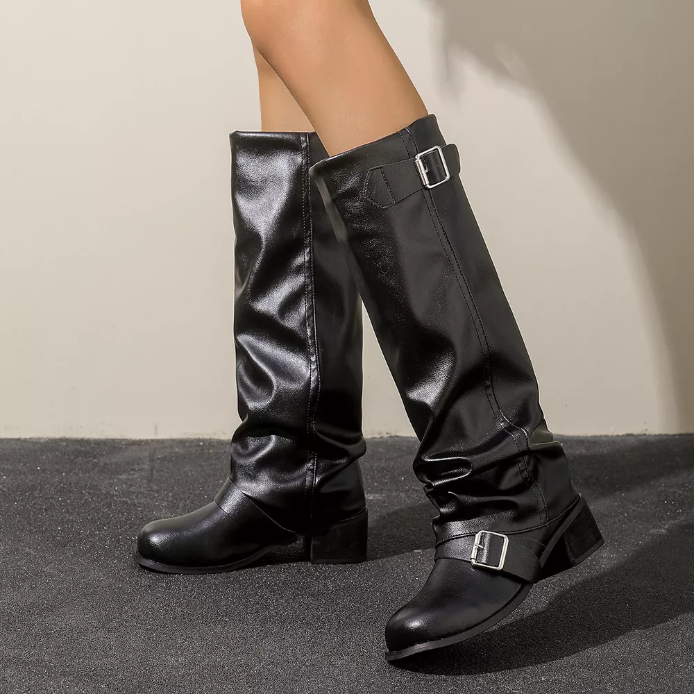 Slouchy Mid-Calf Boots with Buckle Straps, image 2