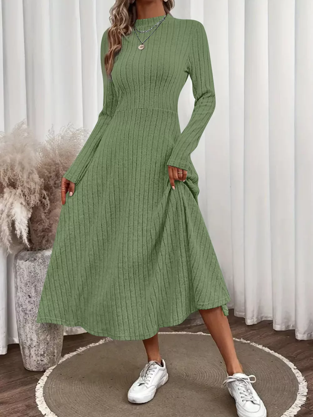 Ribbed Knit A-Line Midi Dress, image 10