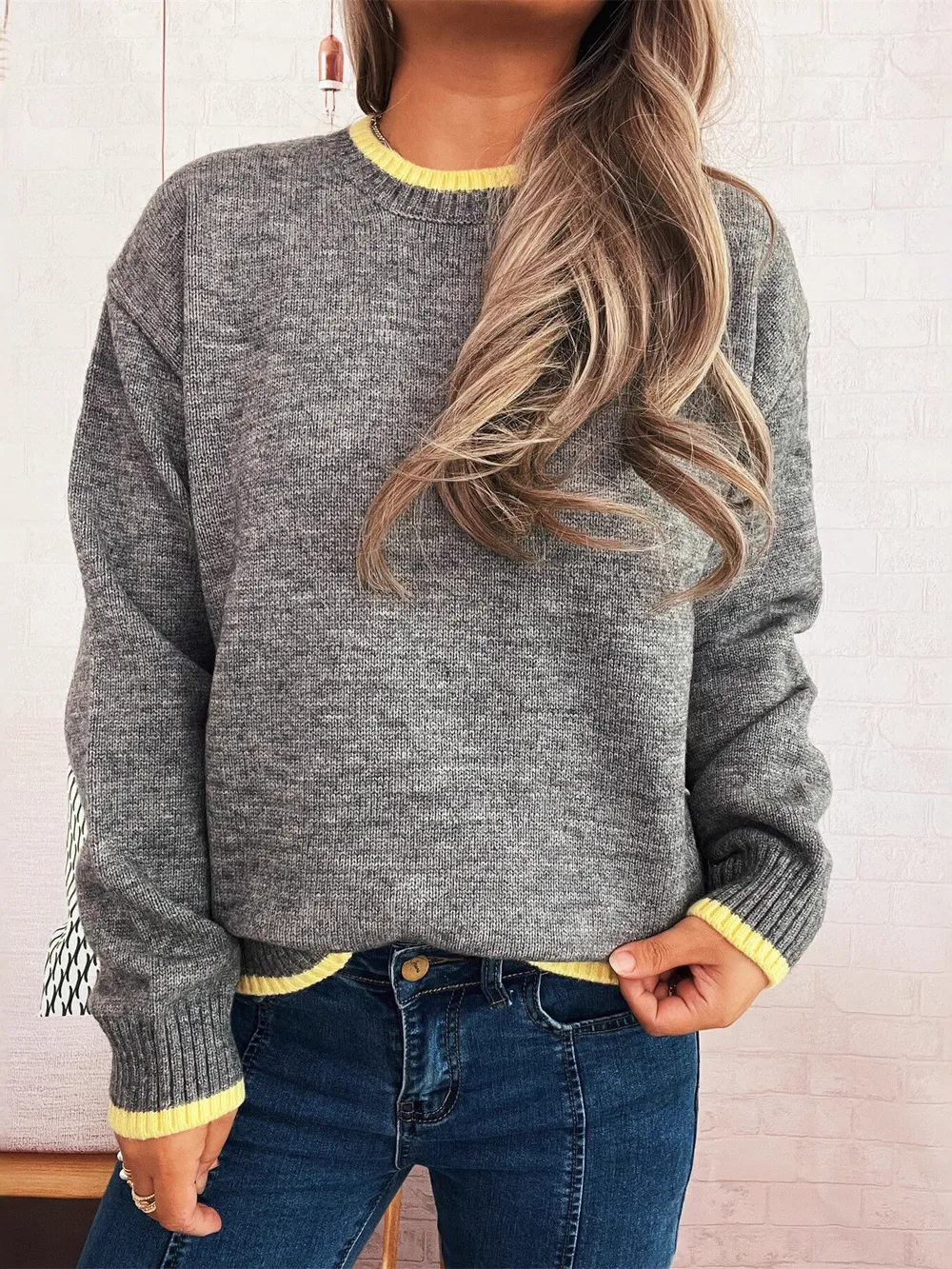 Ribbed Contrast Trim Long Sleeve Sweater, image 6