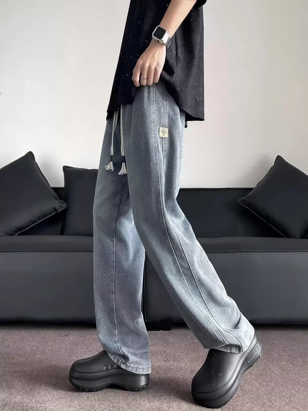 Men's Plus Size Drawstring Washed Wide Leg Jeans, image 3
