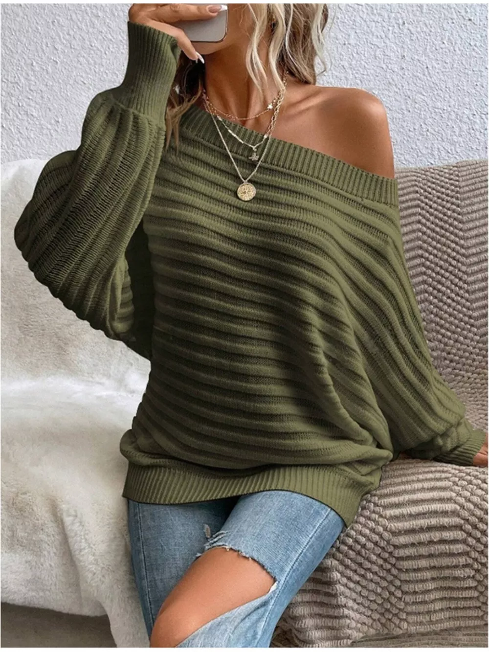 One Shoulder Ribbed Knit Sweater, image 5