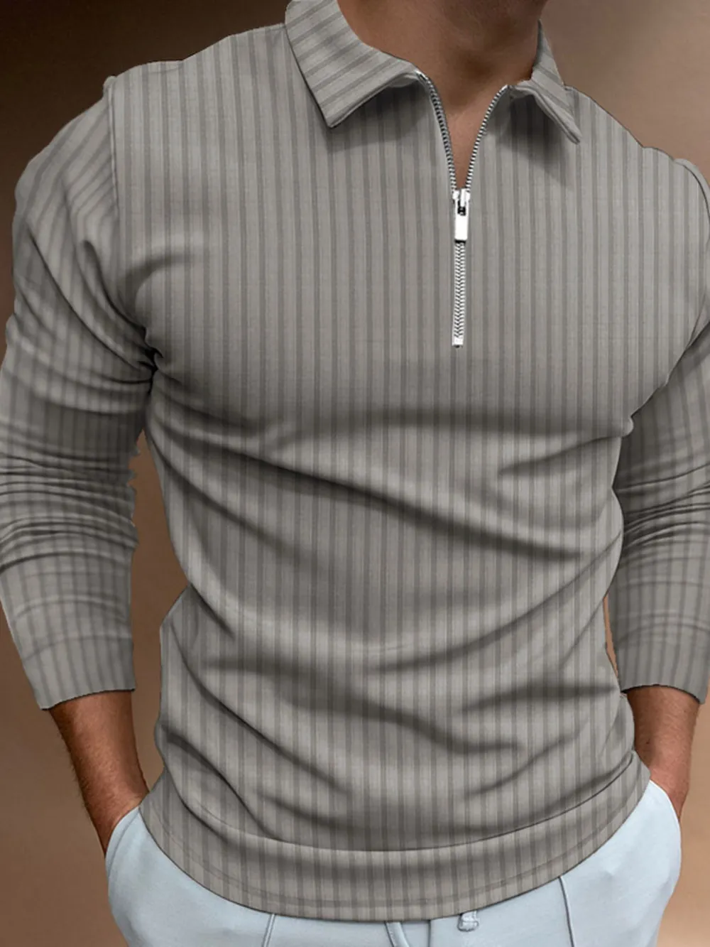 Men's Full Size Zip Detail Long Sleeve Polo Plus Size, image 3