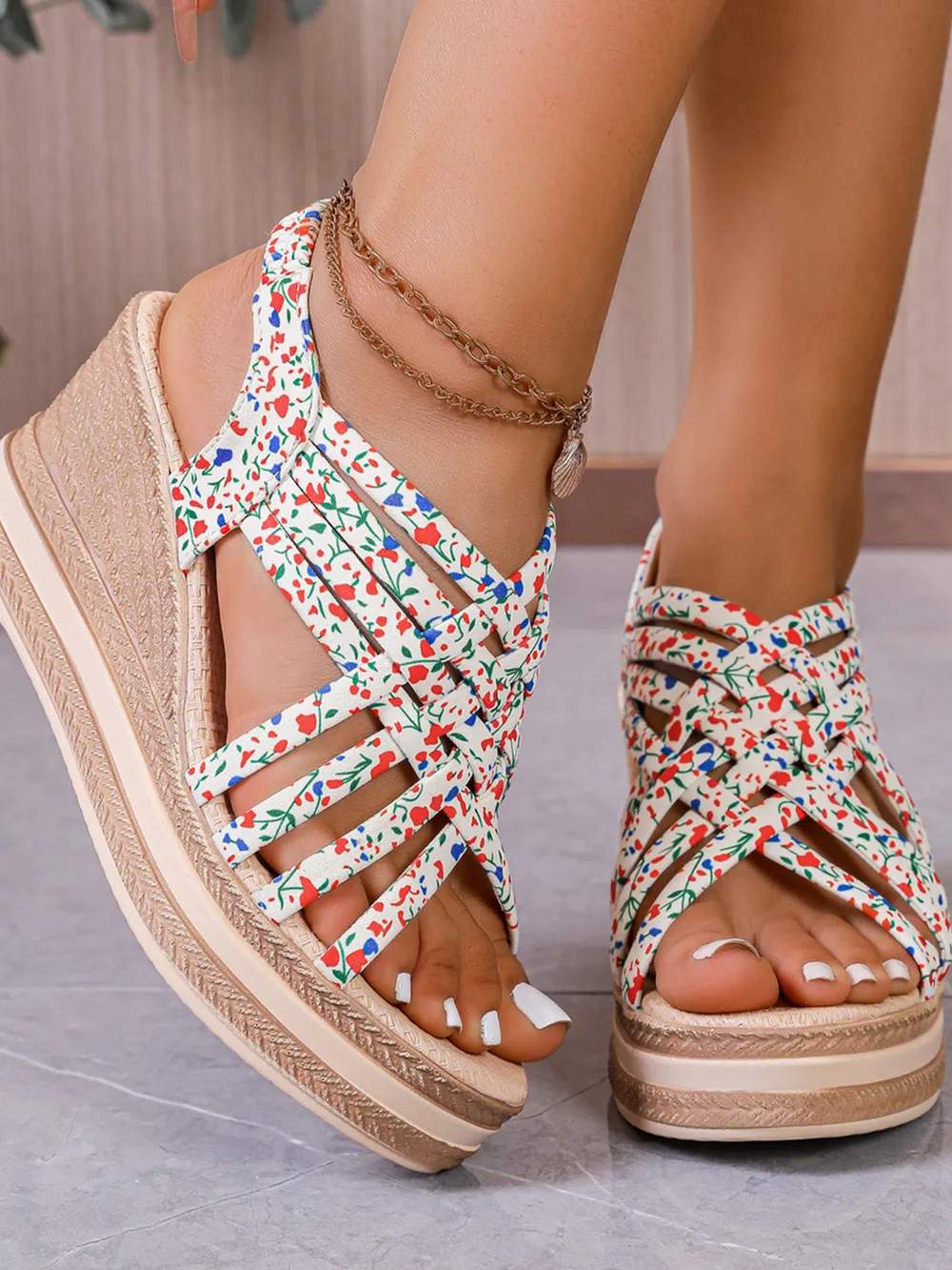 Open Toe Floral Print Strappy Platform Wedge Sandals, image 9