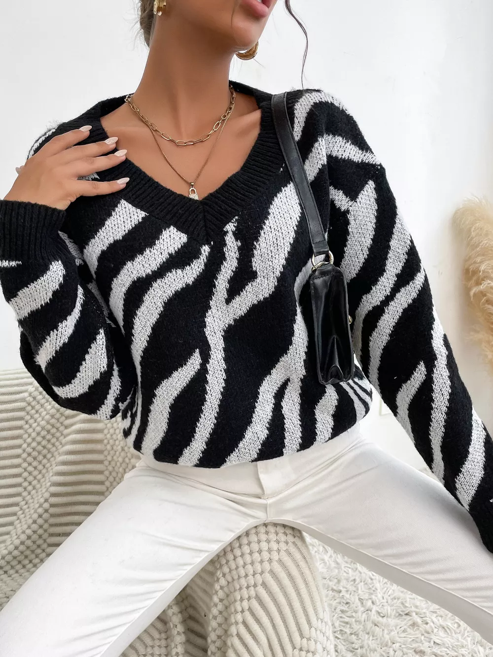 Zebra Print Relaxed Fit Pullover Sweater, image 2