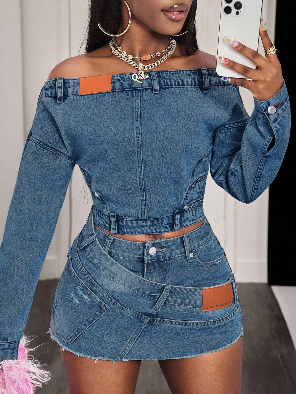 Off-Shoulder Long Sleeve Denim Top, image 5