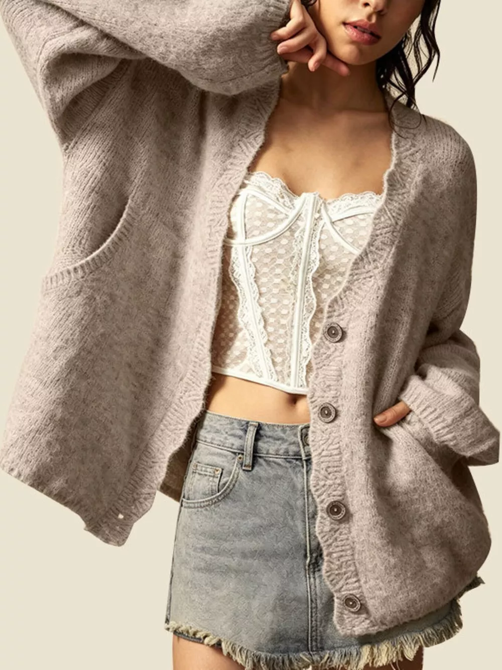 V-Neck Button-Down Knit Cardigan, image 11