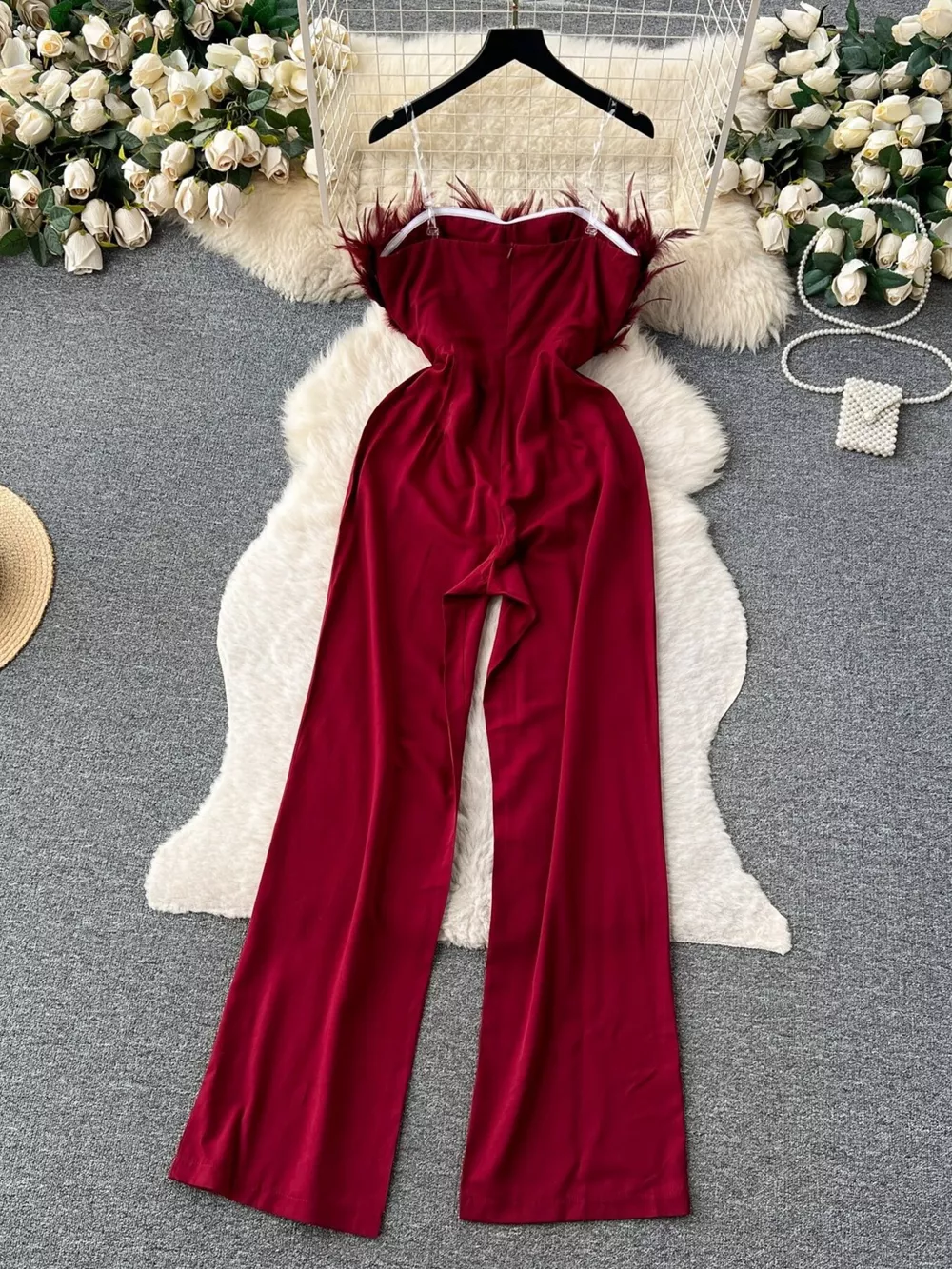 Feather Trim Strapless Wide Leg Jumpsuit, image 3