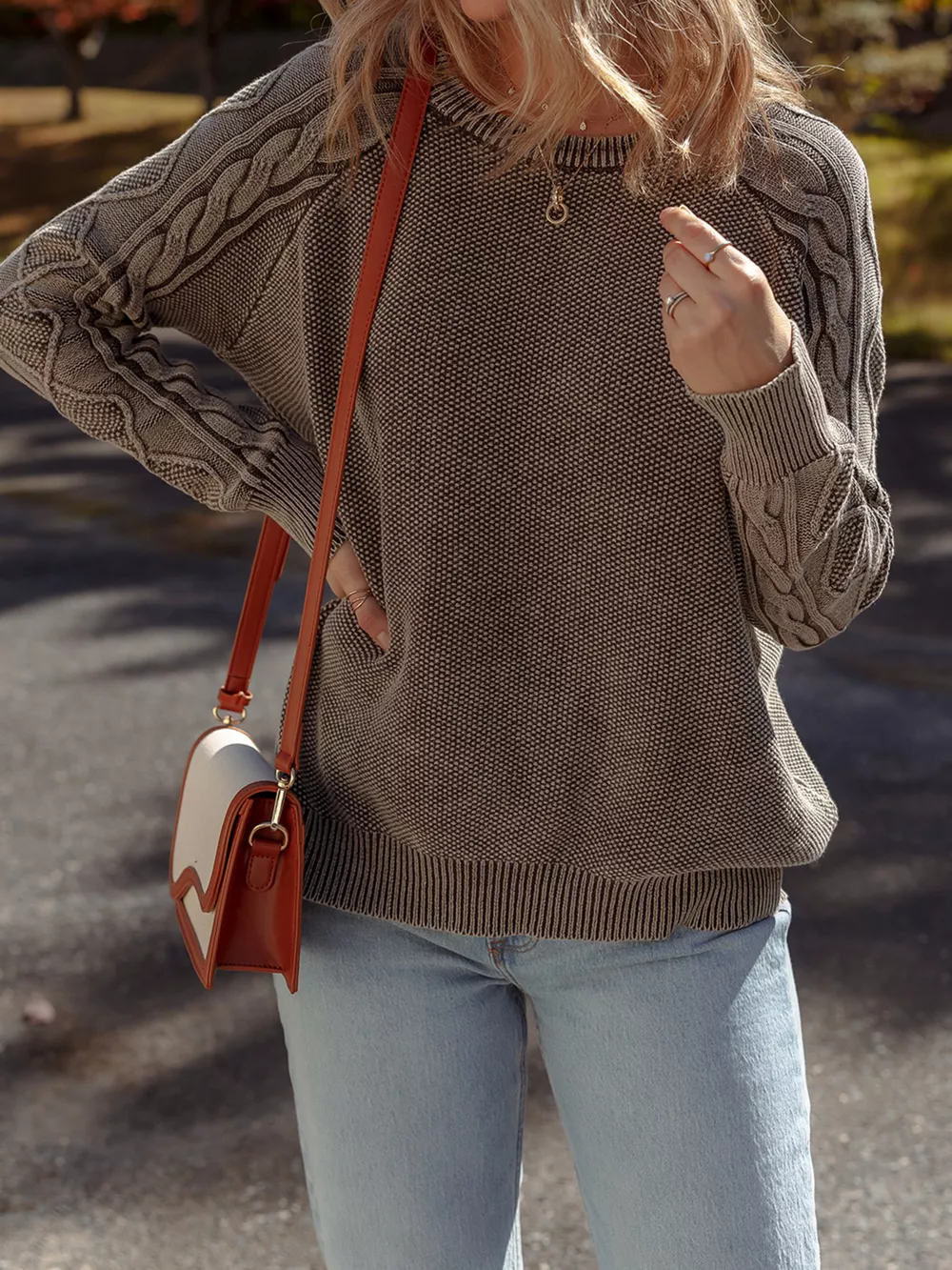 Contrast Cable Knit Sleeve Casual Sweater, image 6