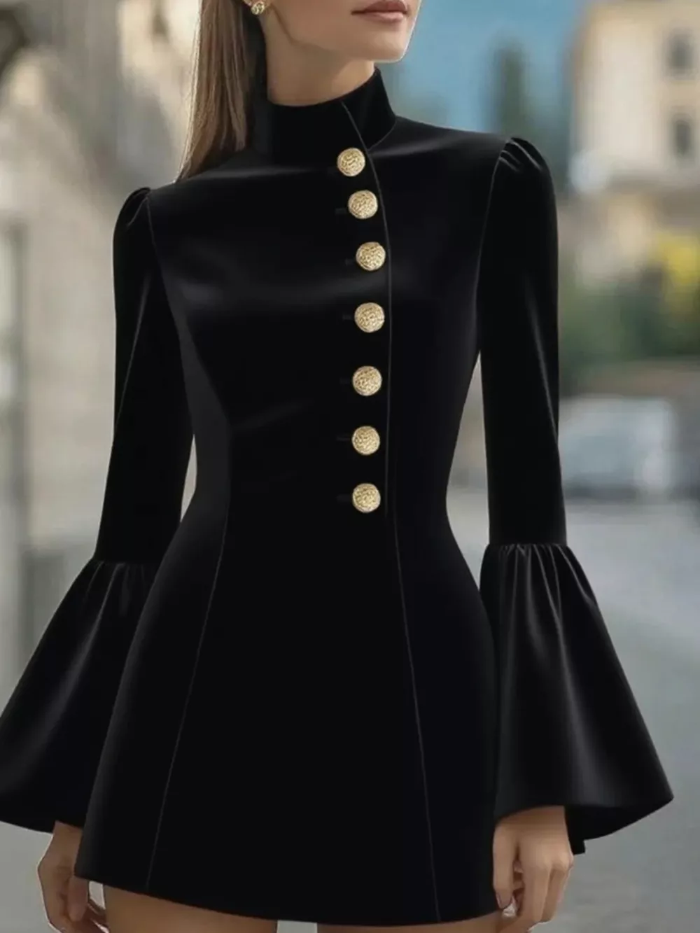 Bell Sleeve Mini Dress with Front Button
