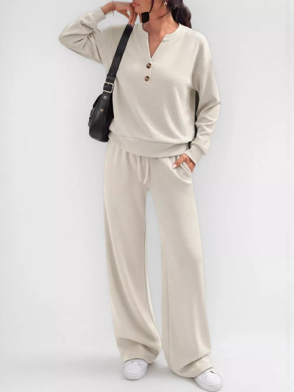 Button Detail Dropped Shoulder Top and Pants Set, image 3