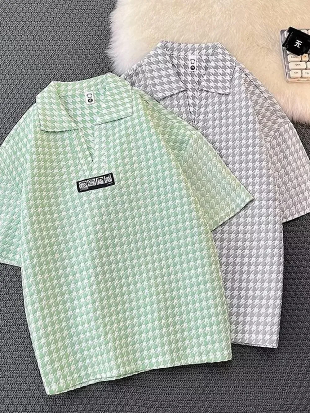 Men's Plus Size Houndstooth Pattern Short Sleeve Polo Shirt, image 4