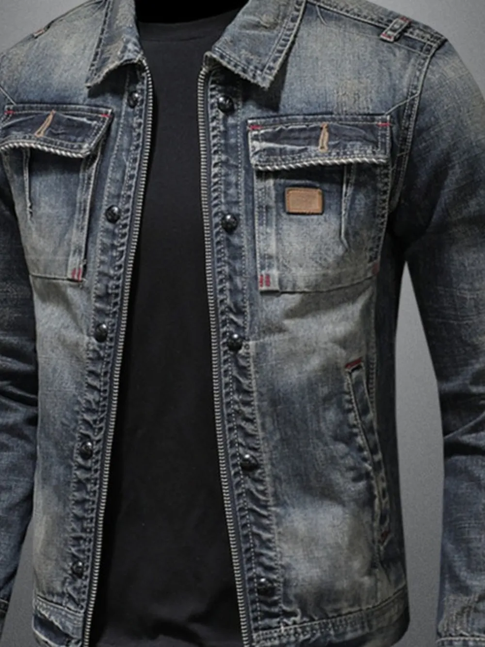 Men's Plus Size Washed Zip Up Denim Jacket with Chest Pockets, image 10