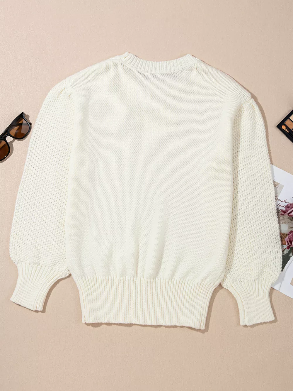Flower Detail Round Neck Contrast Textured Puff Sleeve Sweater, image 4